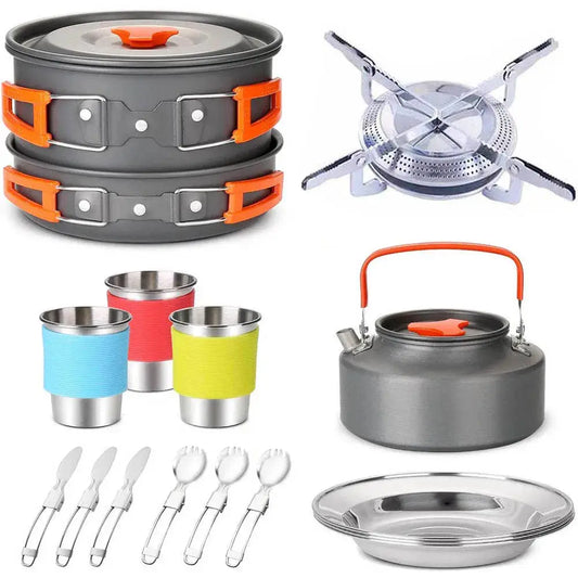 Camping Travel Equipment Tableware Cookware Kit Pots Burner Gas Stove Accessories Kitchen Utensils Sets Picnic BBQ Supplies Krouse Supply Co